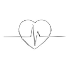 Continuous one line drawing of a heart with a heartbeat EKG wave sketch. Medical cardiology health icon.