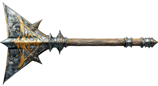 Ornate spiked mace weapon with metal head and wooden handle, fantasy