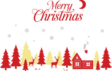 Red and Yellow Christmas Forest with Cabin and Reindeer Vector Illustration