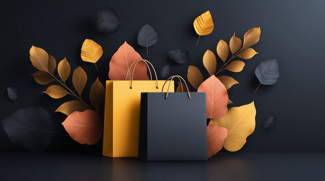 Black Friday shopping bags with autumn leaves on dark background, representing seasonal sale and discount promotion