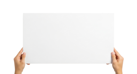 Hands holding a blank white square sign isolated on transparent background