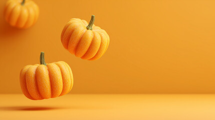 Levitating orange pumpkins on warm background, modern autumn and Halloween concept with copy space