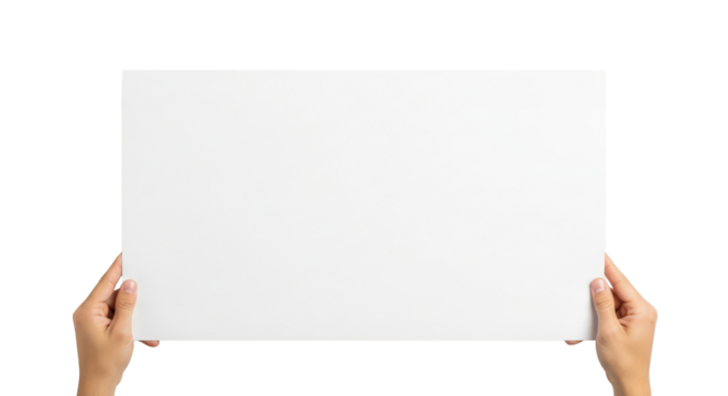 Hands holding a blank white square sign isolated on transparent background