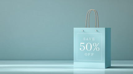 Shopping bag presenting 50 percent off sale, offering discount and savings during seasonal promotional event