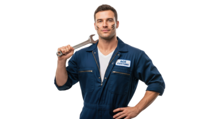 Mechanic man holding wrench isolated on transparent background