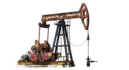 Antique oil pumpjack mechanism isolated on transparent background