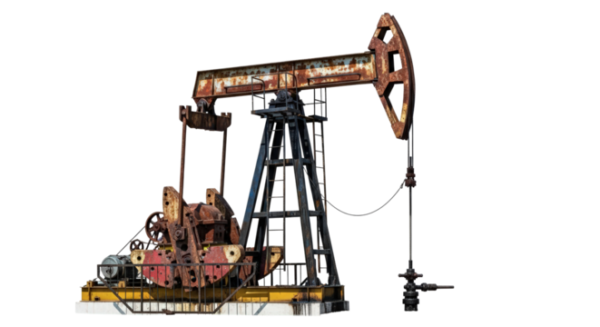Antique oil pumpjack mechanism isolated on transparent background