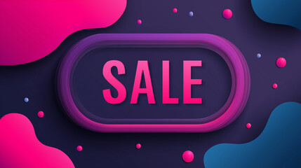 Sale word in a glowing badge on a modern liquid background with vibrant pink and blue abstract shapes