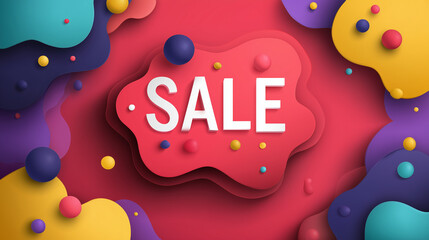 Modern banner template with SALE message, featuring dynamic abstract paper cut style shapes and spheres in a vibrant color scheme
