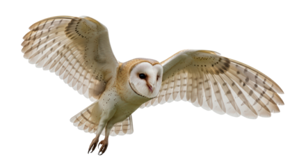 Barn owl in flight with wings spread isolated on transparent background