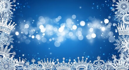 Winter Holiday Background with Snowflake Frame and Bokeh Lights.