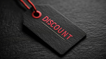 Black textured discount tag with red embossed DISCOUNT text and string, sitting on a dark surface for retail concept