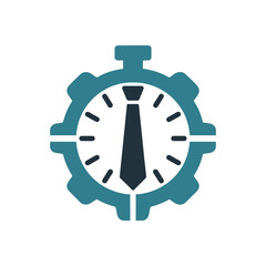 Teal and navy blue gear clock with tie symbol on white background business