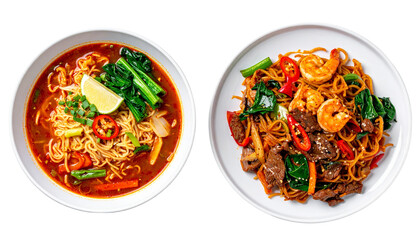  Dual Asian Cuisine Set Featuring Authentic Hong Kong Noodle Dishes, isolated on transparent background