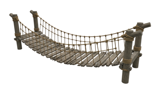 Rustic wooden rope bridge isolated on transparent background