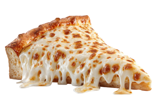A single, delicious pizza slice with melted, gooey cheese spilling over the crust's edge