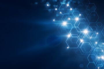 Fototapeta premium Abstract digital network of glowing geometric shapes and light particles on a dark blue background