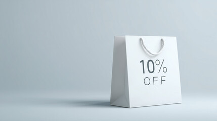 White shopping bag displaying a 10% off sign, symbolizing retail sale, consumer discount, and promotional offers