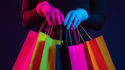 Woman's gloved hands holding colorful shopping bags under vibrant neon light, depicting modern consumerism and protection