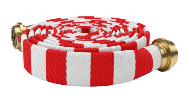 Rolled fire hose with red and white stripes isolated on transparent background