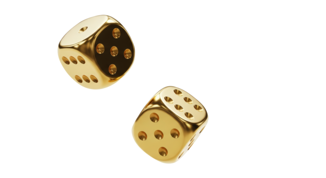 Two golden dice tumbling in the air isolated on transparent background