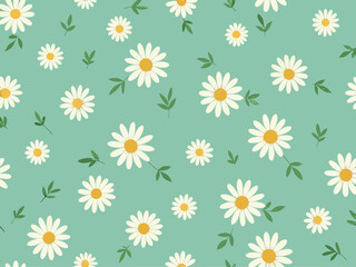 Obraz premium Seamless pattern of white daisies and green leaves on a teal background