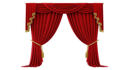 Elegant red velvet stage curtains with gold trim isolated on transparent background