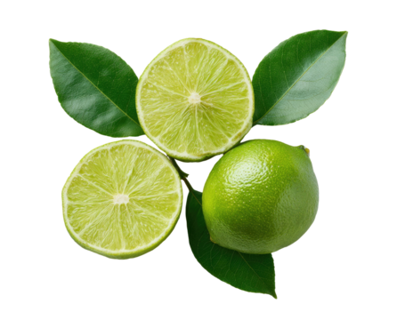 Vivid composition featuring halved and whole limes with glossy leaves set against a black backdrop