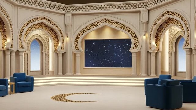 Elegant Islamic-style virtual studio set with ornate arches stage large screen and luxurious blue seating.