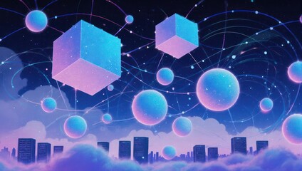 Abstract city scene with floating cubes and spheres connected by glowing lines against a night sky