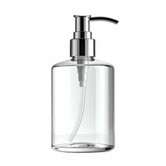 Obraz premium Clear rectangular bottle with a chrome pump dispenser, isolated on a black background