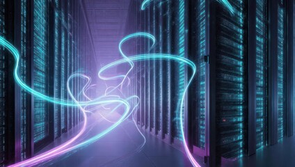 Server room with flowing neon lights representing data streams and network connections