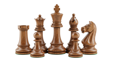 Collection of wooden chess pieces isolated on transparent background