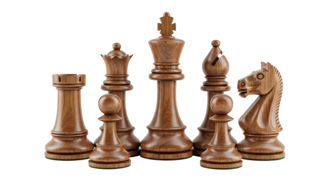 Collection of wooden chess pieces isolated on transparent background