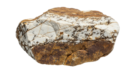 Natural rough mineral stone with white and brown inclusions isolated on transparent background
