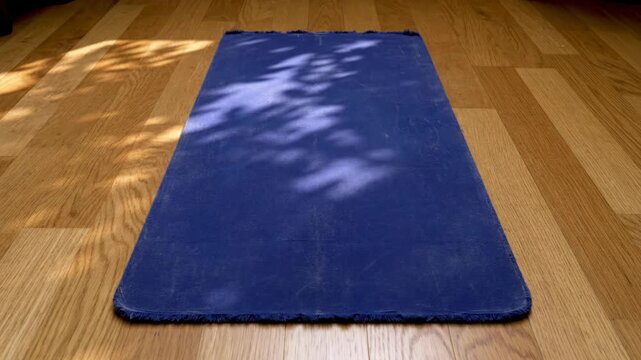 Blue rectangular mat on wooden floor with shadows in sunlight.