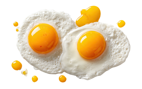 Overhead shot of two fried eggs with vibrant yellow yolks, accompanied by smaller yolk droplets