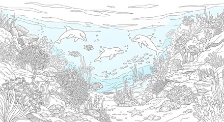 Fototapeta premium Underwater scene with dolphins, fish, coral reefs, and starfish in a vibrant ocean ecosystem.