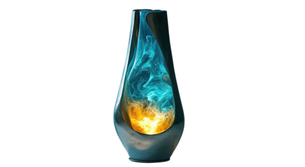 Elegant vase containing swirling, contrasting blue and yellow liquid
