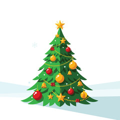 Fototapeta premium Festive holiday evergreen tree adorned with shiny ornaments and golden stars, standing in a whimsical snowy landscape, ideal for winter season designs and celebrations