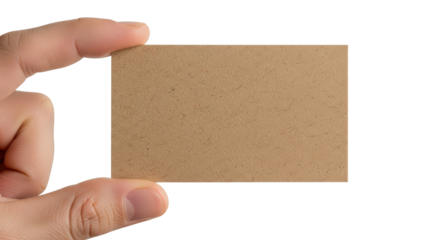Hand holding a small square brown cardboard tag isolated on transparent background