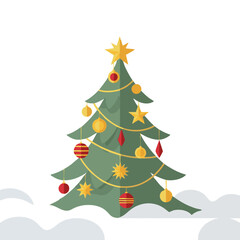 Festive Christmas Tree Illustration with Golden Star and Red Baubles, Adorned for Holiday Season Celebrations and Winter Decor on a Clean White Background