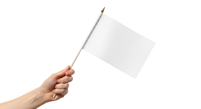 Hand holding a blank white flag isolated on transparent background