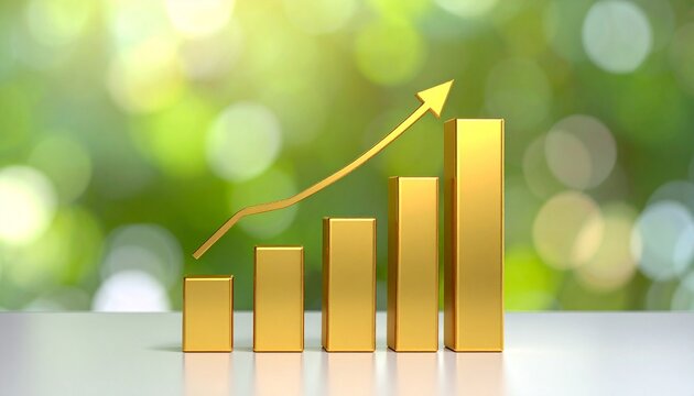 Descending gold bars with downward arrow on wood surface. - Powered by Adobe