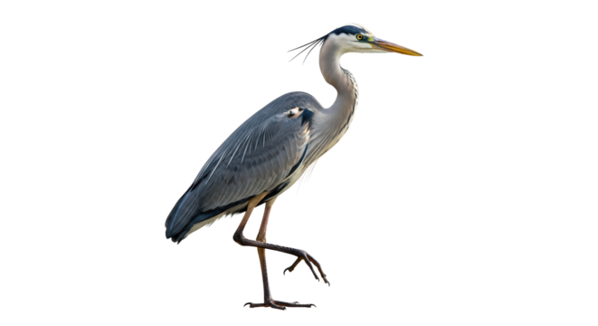 Grey heron standing on one leg isolated on transparent background
