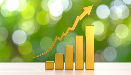 Descending gold bars with downward arrow on wood surface.
