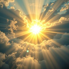 Bright Sunlight Bursting Through Clouds in a Clear Blue Sky
