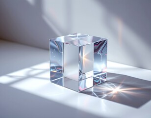 Clear Abstract Cube with Reflections and Shadows on a Simple Background