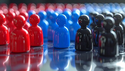 Color-coded figurines in grid formation on reflective surface.