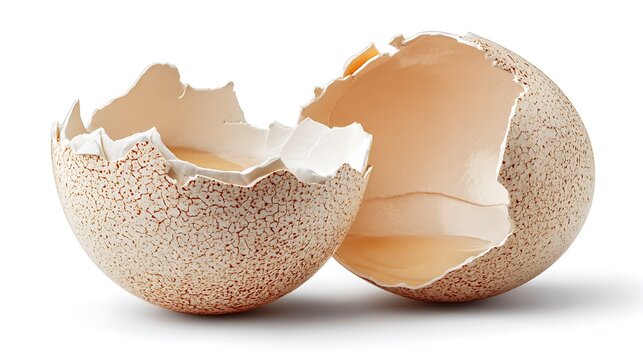 Close up shot of a cracked eggshell with a speckled pattern on white ground - Powered by Adobe